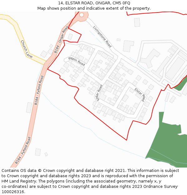 14, ELSTAR ROAD, ONGAR, CM5 0FQ: Location map and indicative extent of plot