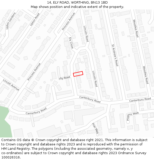 14, ELY ROAD, WORTHING, BN13 1BD: Location map and indicative extent of plot