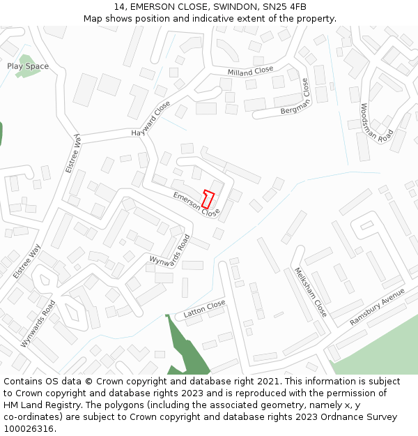 14, EMERSON CLOSE, SWINDON, SN25 4FB: Location map and indicative extent of plot