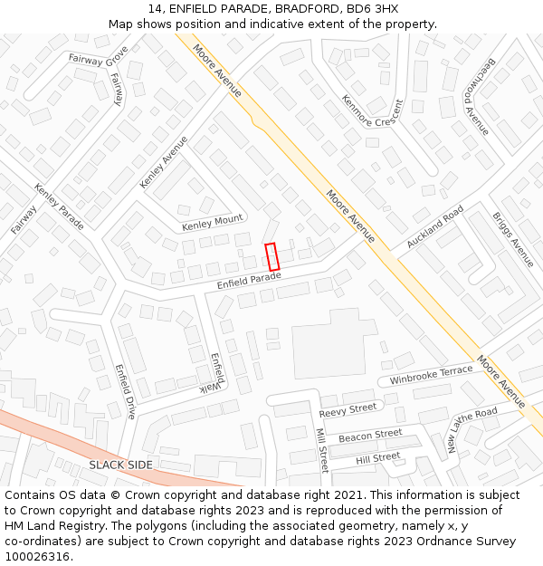 14, ENFIELD PARADE, BRADFORD, BD6 3HX: Location map and indicative extent of plot