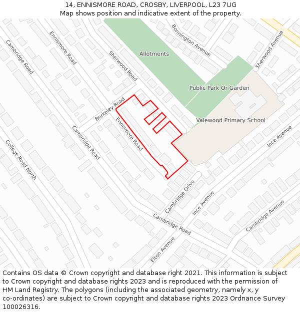 14, ENNISMORE ROAD, CROSBY, LIVERPOOL, L23 7UG: Location map and indicative extent of plot
