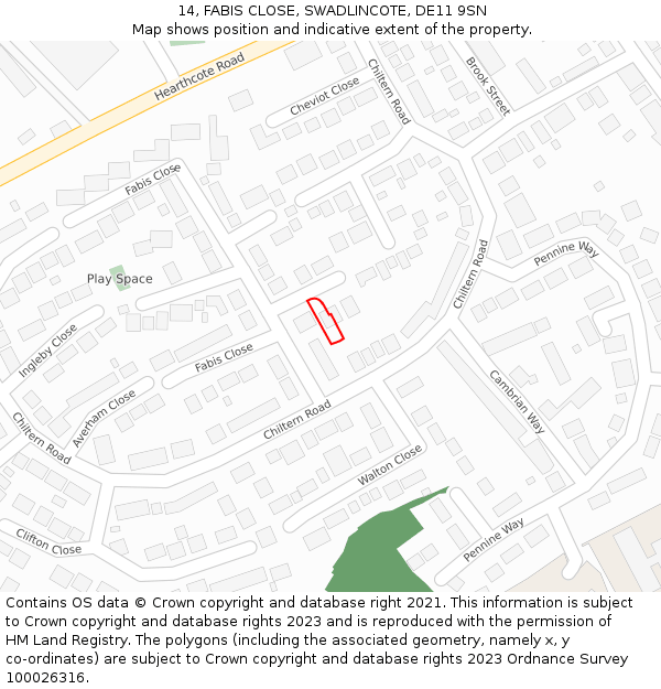 14, FABIS CLOSE, SWADLINCOTE, DE11 9SN: Location map and indicative extent of plot