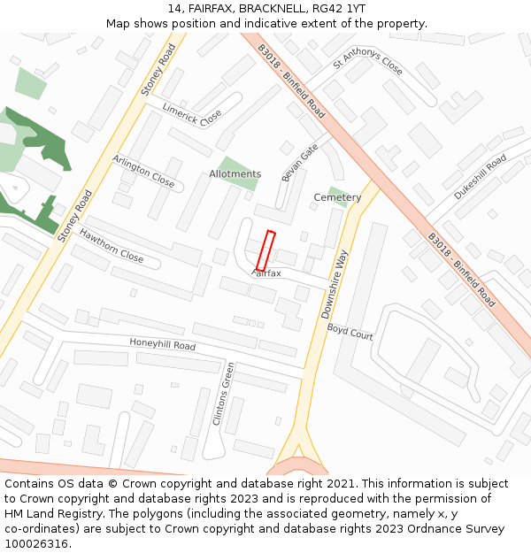14, FAIRFAX, BRACKNELL, RG42 1YT: Location map and indicative extent of plot