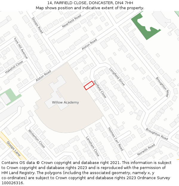 14, FAIRFIELD CLOSE, DONCASTER, DN4 7HH: Location map and indicative extent of plot