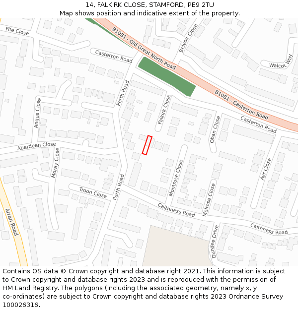 14, FALKIRK CLOSE, STAMFORD, PE9 2TU: Location map and indicative extent of plot