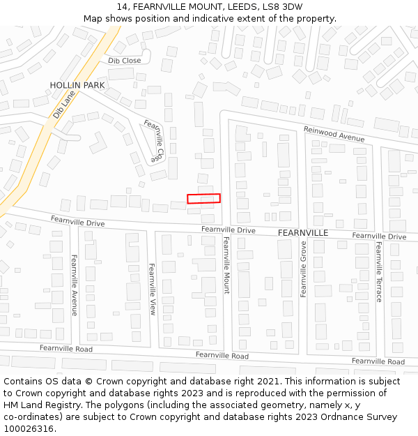 14, FEARNVILLE MOUNT, LEEDS, LS8 3DW: Location map and indicative extent of plot