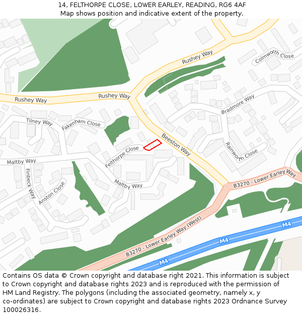 14, FELTHORPE CLOSE, LOWER EARLEY, READING, RG6 4AF: Location map and indicative extent of plot