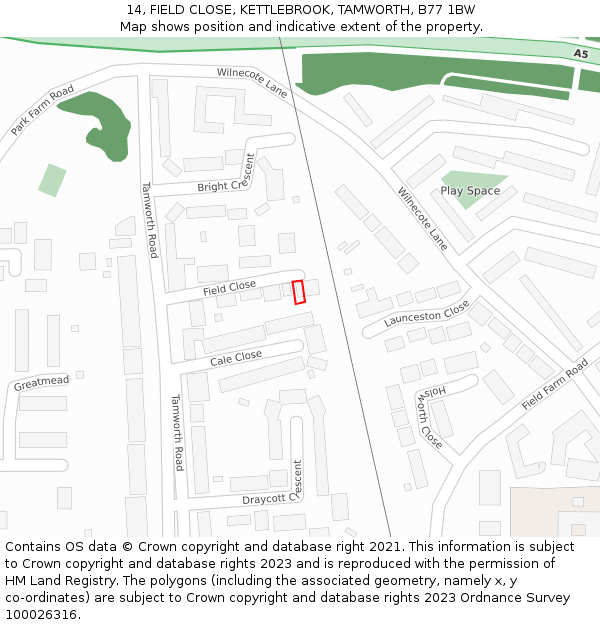 14, FIELD CLOSE, KETTLEBROOK, TAMWORTH, B77 1BW: Location map and indicative extent of plot