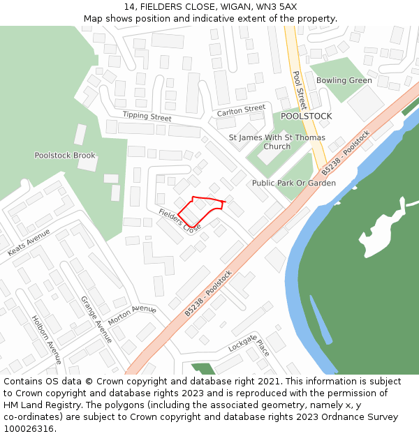14, FIELDERS CLOSE, WIGAN, WN3 5AX: Location map and indicative extent of plot