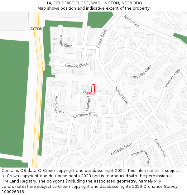 14, FIELDFARE CLOSE, WASHINGTON, NE38 0DQ: Location map and indicative extent of plot