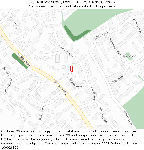 14, FINSTOCK CLOSE, LOWER EARLEY, READING, RG6 4JX: Location map and indicative extent of plot