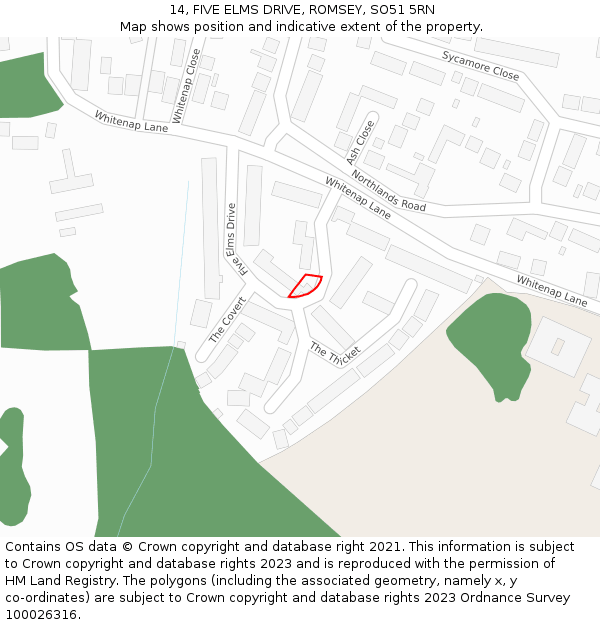 14, FIVE ELMS DRIVE, ROMSEY, SO51 5RN: Location map and indicative extent of plot