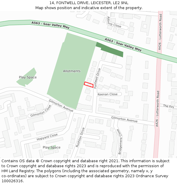 14, FONTWELL DRIVE, LEICESTER, LE2 9NL: Location map and indicative extent of plot