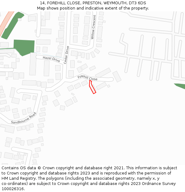 14, FOREHILL CLOSE, PRESTON, WEYMOUTH, DT3 6DS: Location map and indicative extent of plot