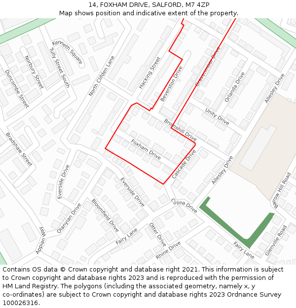 14, FOXHAM DRIVE, SALFORD, M7 4ZP: Location map and indicative extent of plot