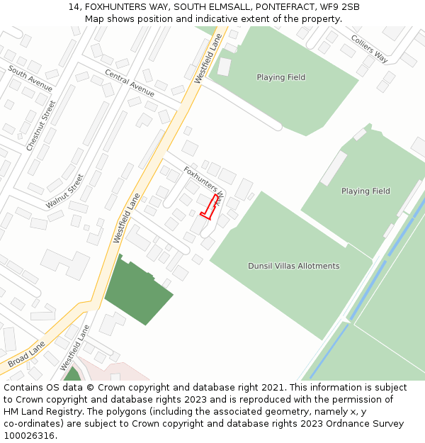 14, FOXHUNTERS WAY, SOUTH ELMSALL, PONTEFRACT, WF9 2SB: Location map and indicative extent of plot