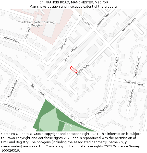 14, FRANCIS ROAD, MANCHESTER, M20 4XP: Location map and indicative extent of plot