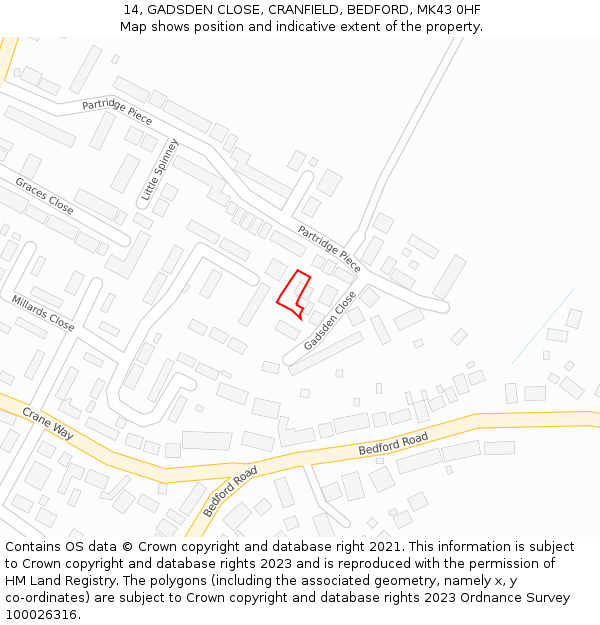 14, GADSDEN CLOSE, CRANFIELD, BEDFORD, MK43 0HF: Location map and indicative extent of plot