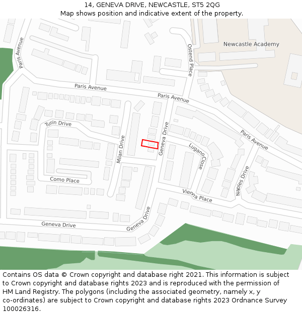 14, GENEVA DRIVE, NEWCASTLE, ST5 2QG: Location map and indicative extent of plot