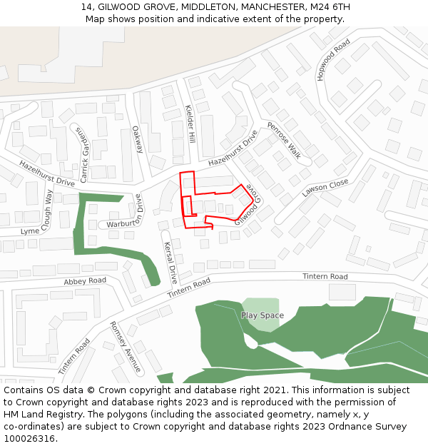 14, GILWOOD GROVE, MIDDLETON, MANCHESTER, M24 6TH: Location map and indicative extent of plot