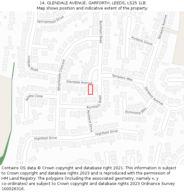 14, GLENDALE AVENUE, GARFORTH, LEEDS, LS25 1LB: Location map and indicative extent of plot