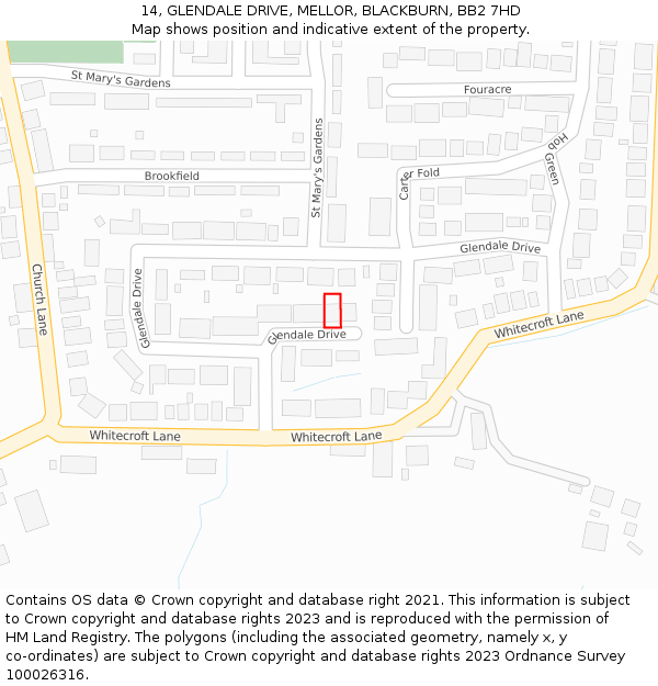 14, GLENDALE DRIVE, MELLOR, BLACKBURN, BB2 7HD: Location map and indicative extent of plot