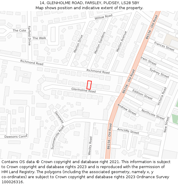 14, GLENHOLME ROAD, FARSLEY, PUDSEY, LS28 5BY: Location map and indicative extent of plot