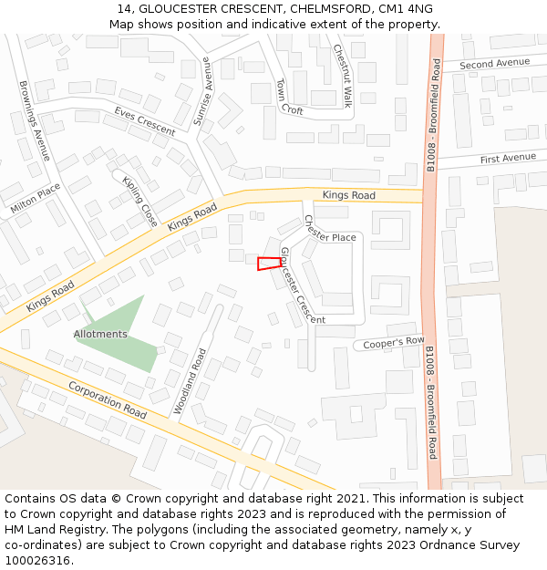14, GLOUCESTER CRESCENT, CHELMSFORD, CM1 4NG: Location map and indicative extent of plot