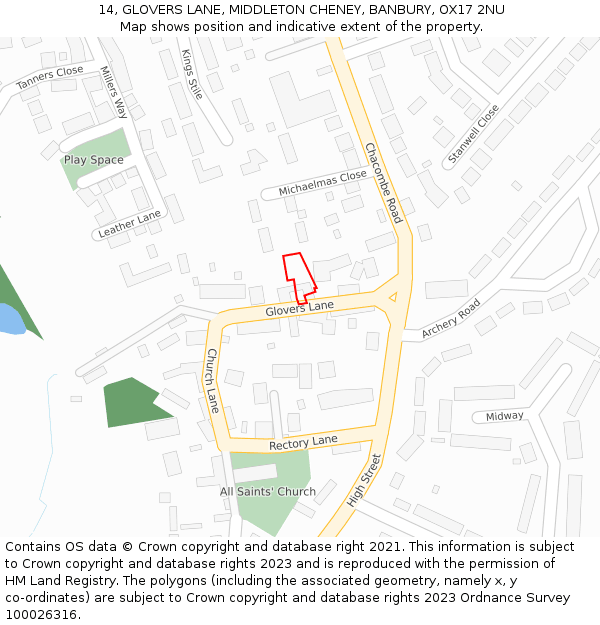 14, GLOVERS LANE, MIDDLETON CHENEY, BANBURY, OX17 2NU: Location map and indicative extent of plot