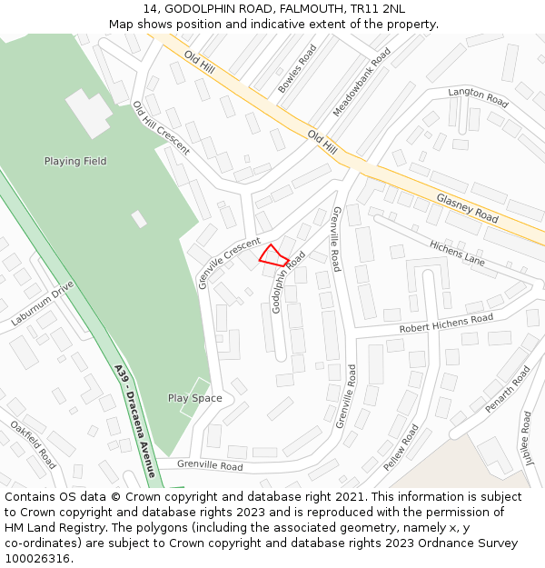 14, GODOLPHIN ROAD, FALMOUTH, TR11 2NL: Location map and indicative extent of plot