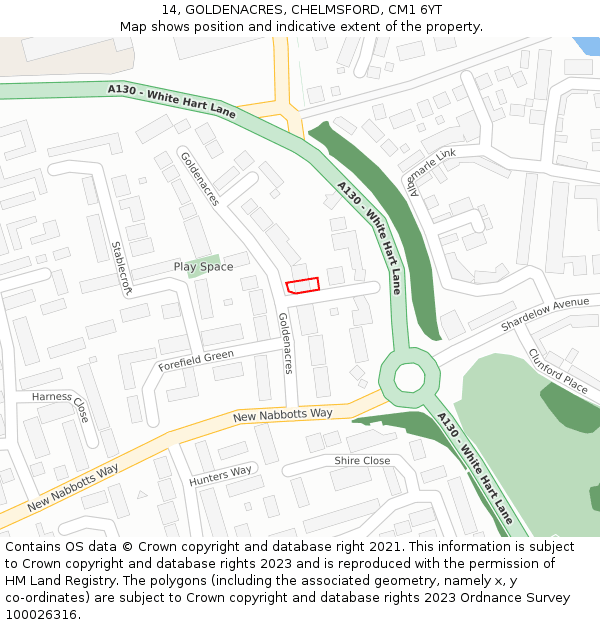 14, GOLDENACRES, CHELMSFORD, CM1 6YT: Location map and indicative extent of plot
