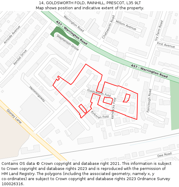14, GOLDSWORTH FOLD, RAINHILL, PRESCOT, L35 9LT: Location map and indicative extent of plot