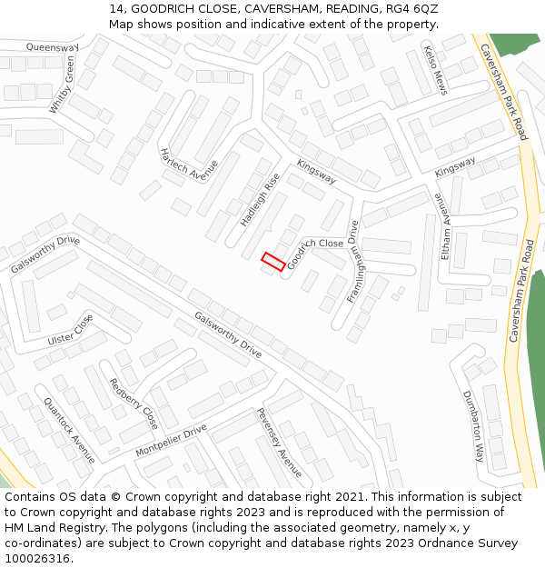 14, GOODRICH CLOSE, CAVERSHAM, READING, RG4 6QZ: Location map and indicative extent of plot