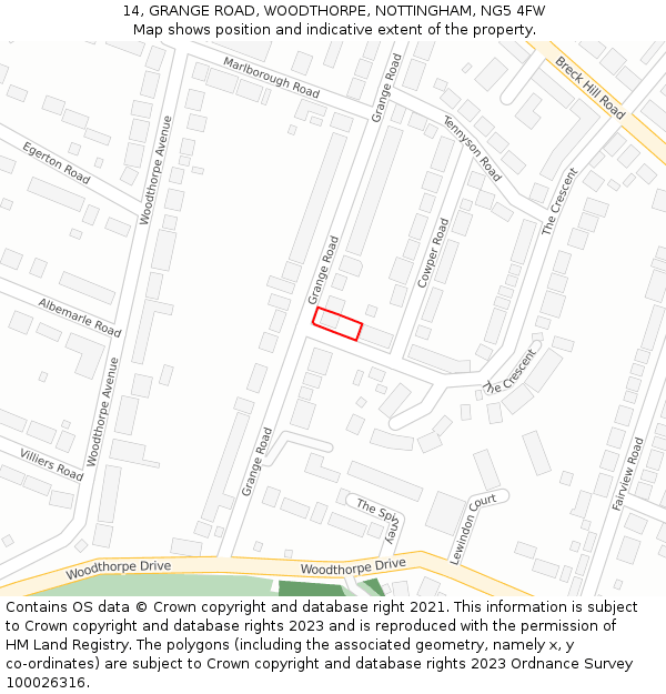 14, GRANGE ROAD, WOODTHORPE, NOTTINGHAM, NG5 4FW: Location map and indicative extent of plot