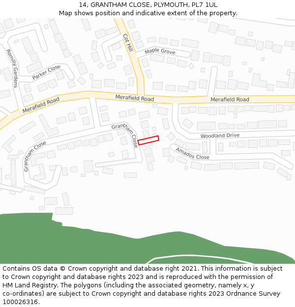 14, GRANTHAM CLOSE, PLYMOUTH, PL7 1UL: Location map and indicative extent of plot