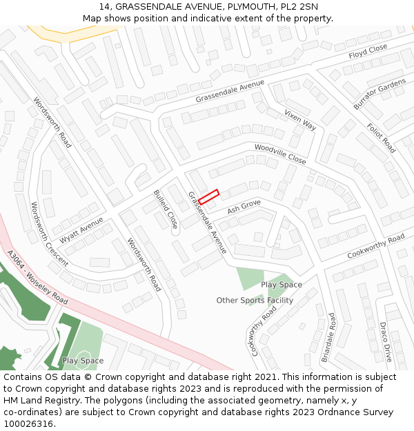 14, GRASSENDALE AVENUE, PLYMOUTH, PL2 2SN: Location map and indicative extent of plot