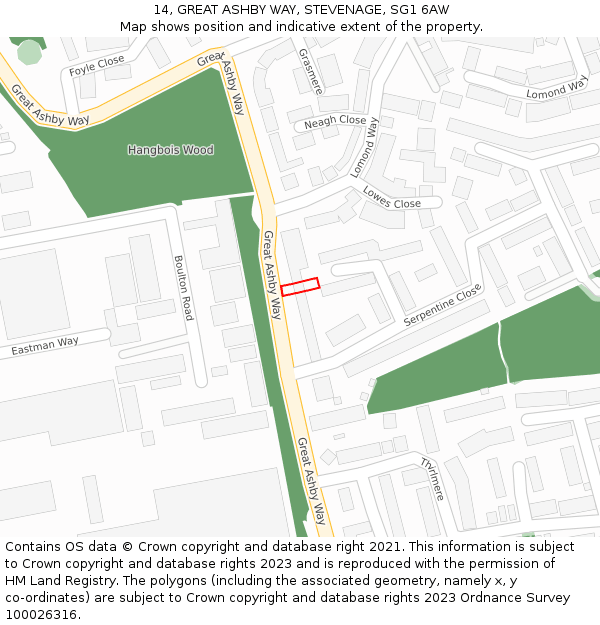 14, GREAT ASHBY WAY, STEVENAGE, SG1 6AW: Location map and indicative extent of plot