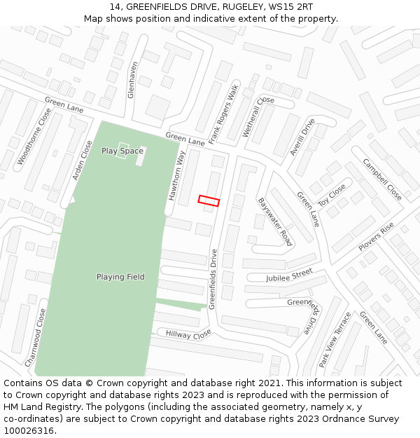 14, GREENFIELDS DRIVE, RUGELEY, WS15 2RT: Location map and indicative extent of plot