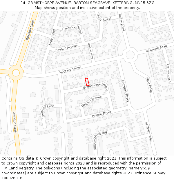 14, GRIMSTHORPE AVENUE, BARTON SEAGRAVE, KETTERING, NN15 5ZG: Location map and indicative extent of plot
