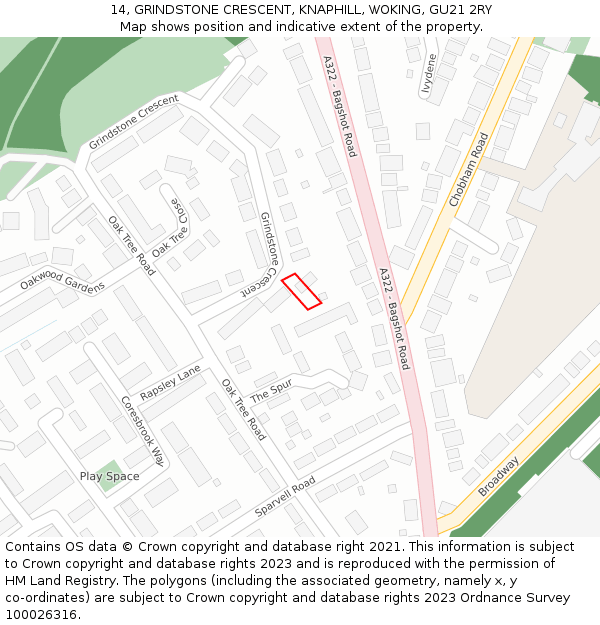 14, GRINDSTONE CRESCENT, KNAPHILL, WOKING, GU21 2RY: Location map and indicative extent of plot