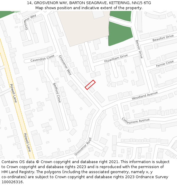 14, GROSVENOR WAY, BARTON SEAGRAVE, KETTERING, NN15 6TG: Location map and indicative extent of plot