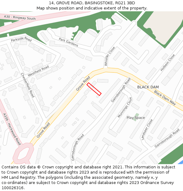 14, GROVE ROAD, BASINGSTOKE, RG21 3BD: Location map and indicative extent of plot