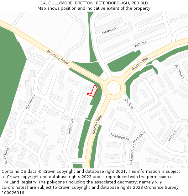 14, GULLYMORE, BRETTON, PETERBOROUGH, PE3 8LD: Location map and indicative extent of plot