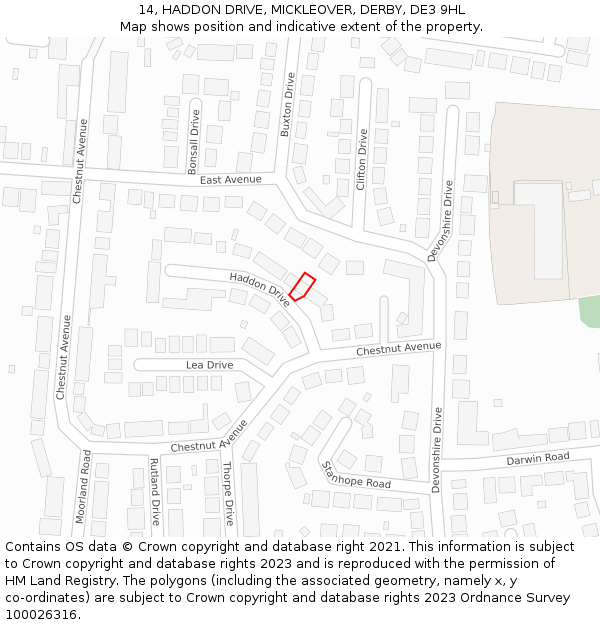 14, HADDON DRIVE, MICKLEOVER, DERBY, DE3 9HL: Location map and indicative extent of plot