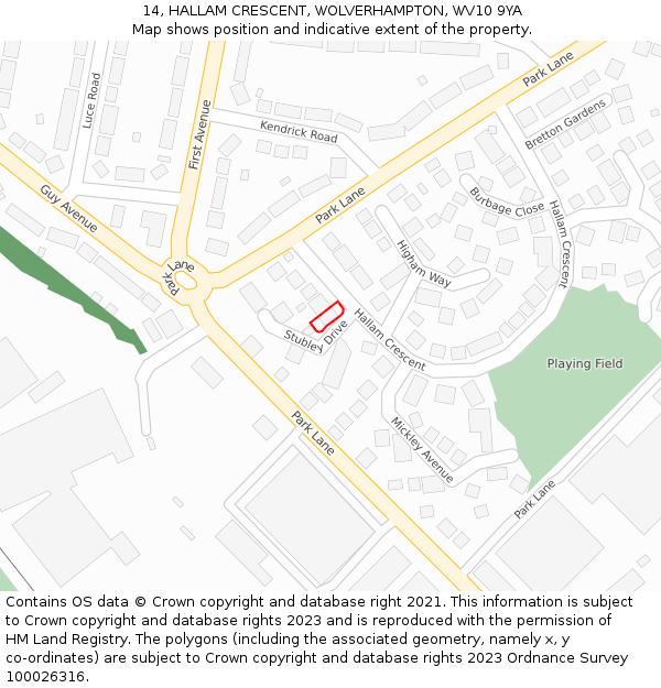 14, HALLAM CRESCENT, WOLVERHAMPTON, WV10 9YA: Location map and indicative extent of plot
