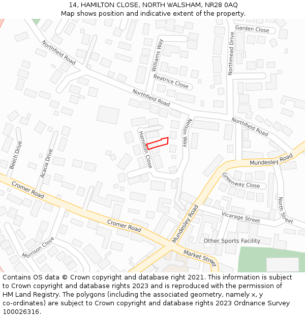 14, HAMILTON CLOSE, NORTH WALSHAM, NR28 0AQ: Location map and indicative extent of plot
