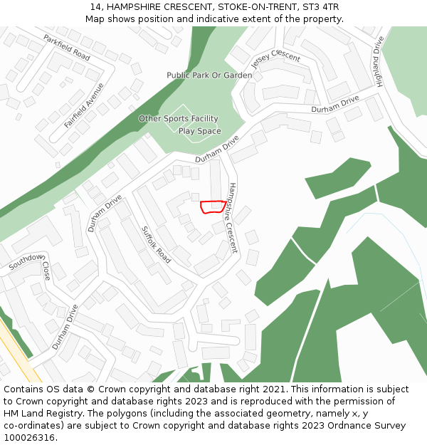 14, HAMPSHIRE CRESCENT, STOKE-ON-TRENT, ST3 4TR: Location map and indicative extent of plot