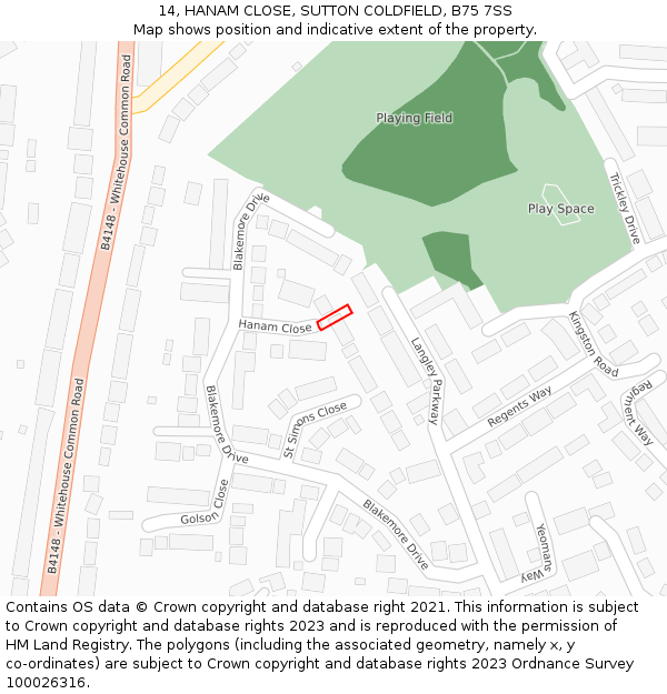 14, HANAM CLOSE, SUTTON COLDFIELD, B75 7SS: Location map and indicative extent of plot