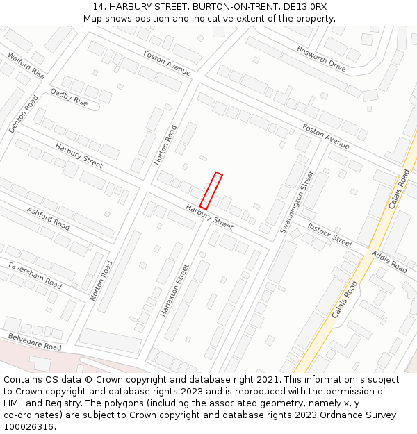 14, HARBURY STREET, BURTON-ON-TRENT, DE13 0RX: Location map and indicative extent of plot