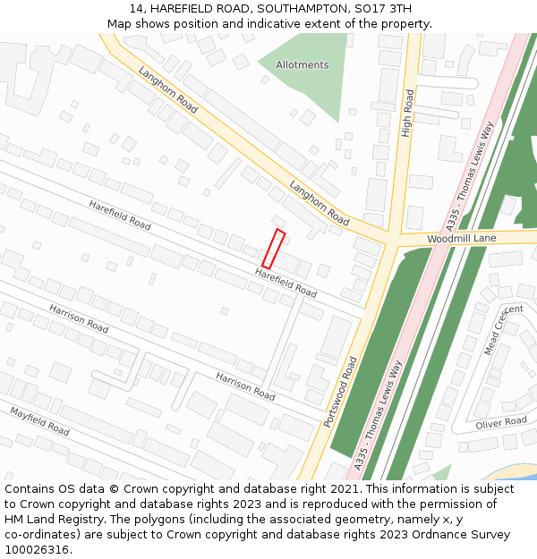 14, HAREFIELD ROAD, SOUTHAMPTON, SO17 3TH: Location map and indicative extent of plot
